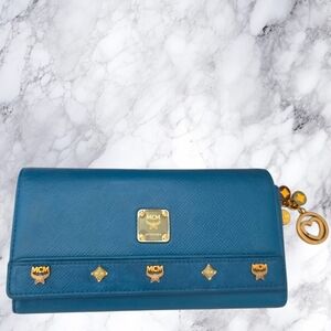 MCM München Blue Leather Wallet with Gold Hardware